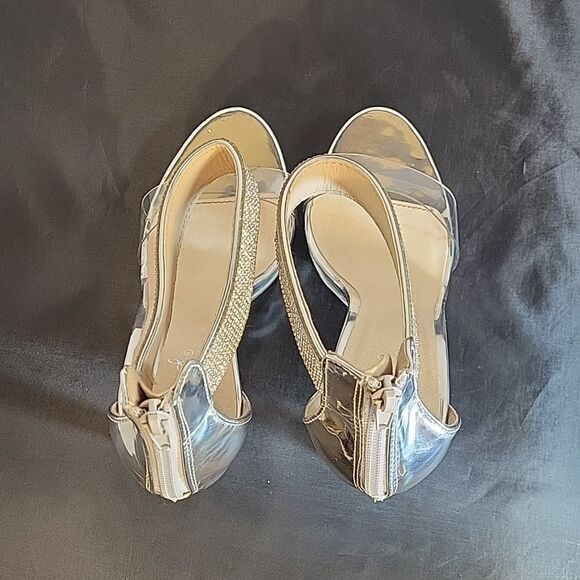 QUPID HIGH HEEL GLITTER EMBROIDERY ANKLE STRAP ZIP CLOSURE CLEAR STRAP SANDAL - Picture 8 of 16